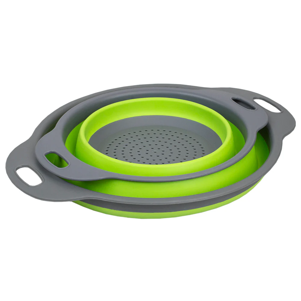 Home Basics 2 Piece Set Silicone Folding Collapsible Colander Strainer, Green - Image 2