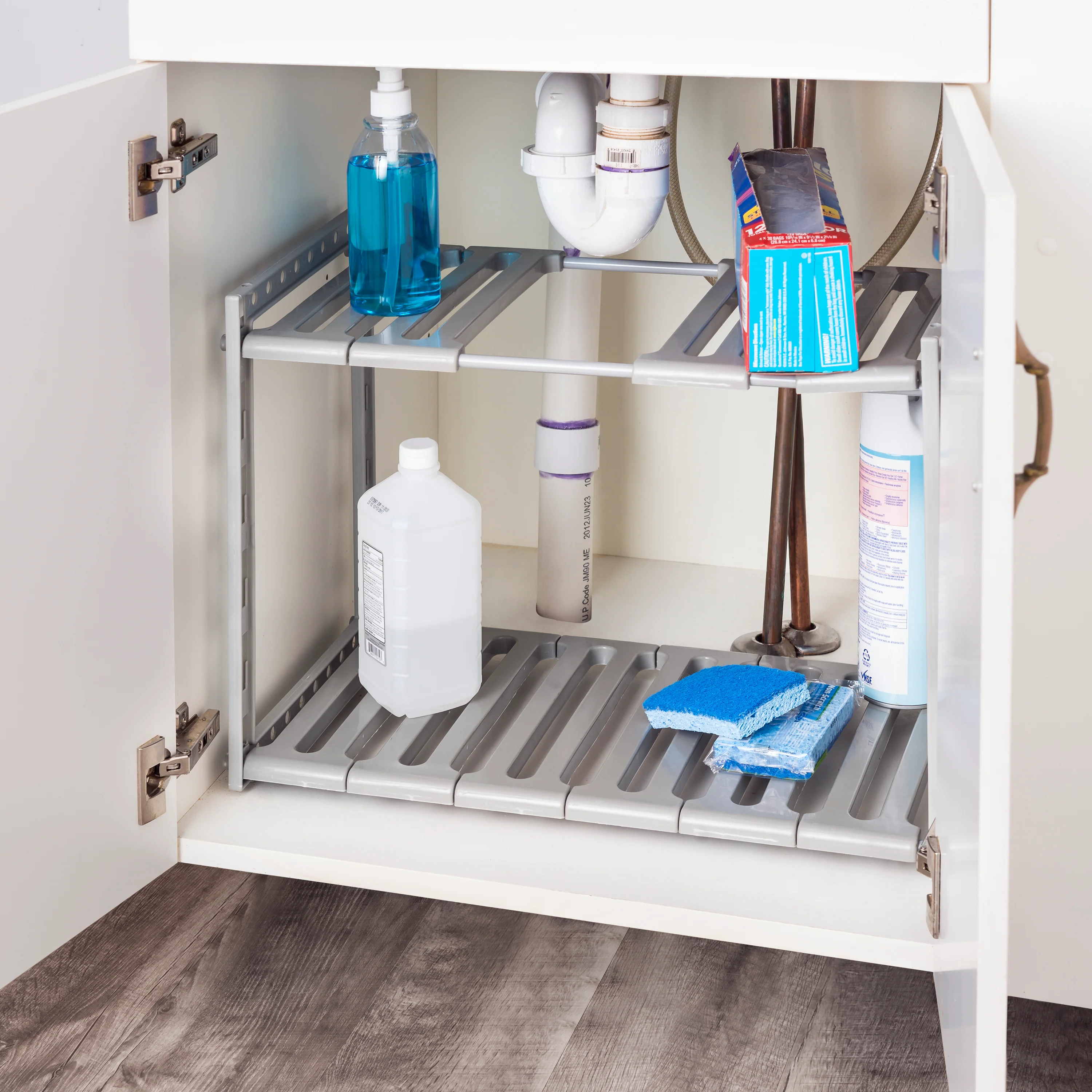 Home Basics 2 Tier Adjustable Multi-Functional Plastic Under Sink Organizer, Grey - Image 4
