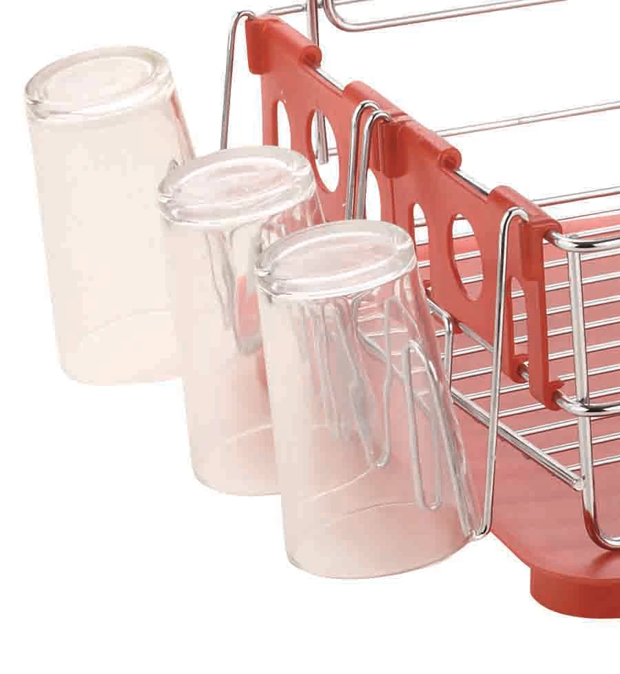Home Basics 2 Tier Deluxe Chrome Dish Rack Drainer, Red, 20x13x10 Inches - Image 4