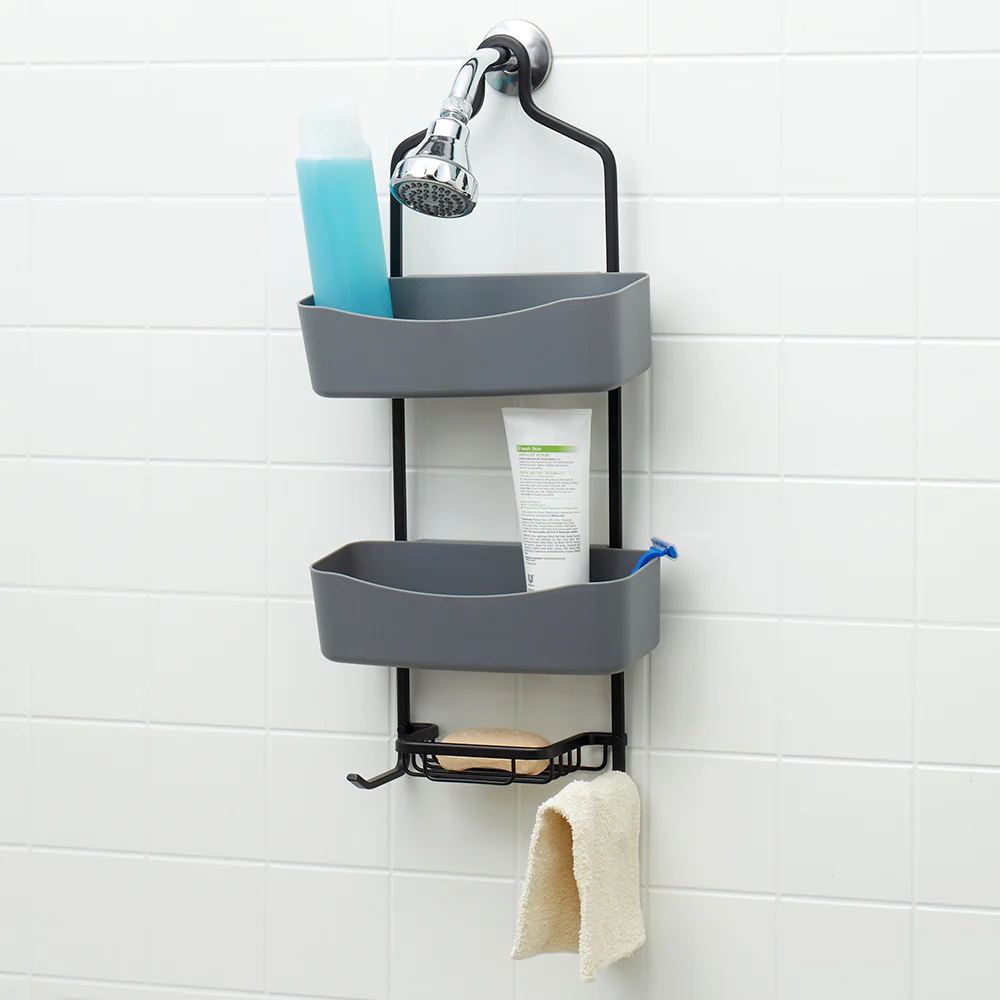 Home Basics 2 Tier Shower Caddy with Plastic Shelves, Grey - Image 4