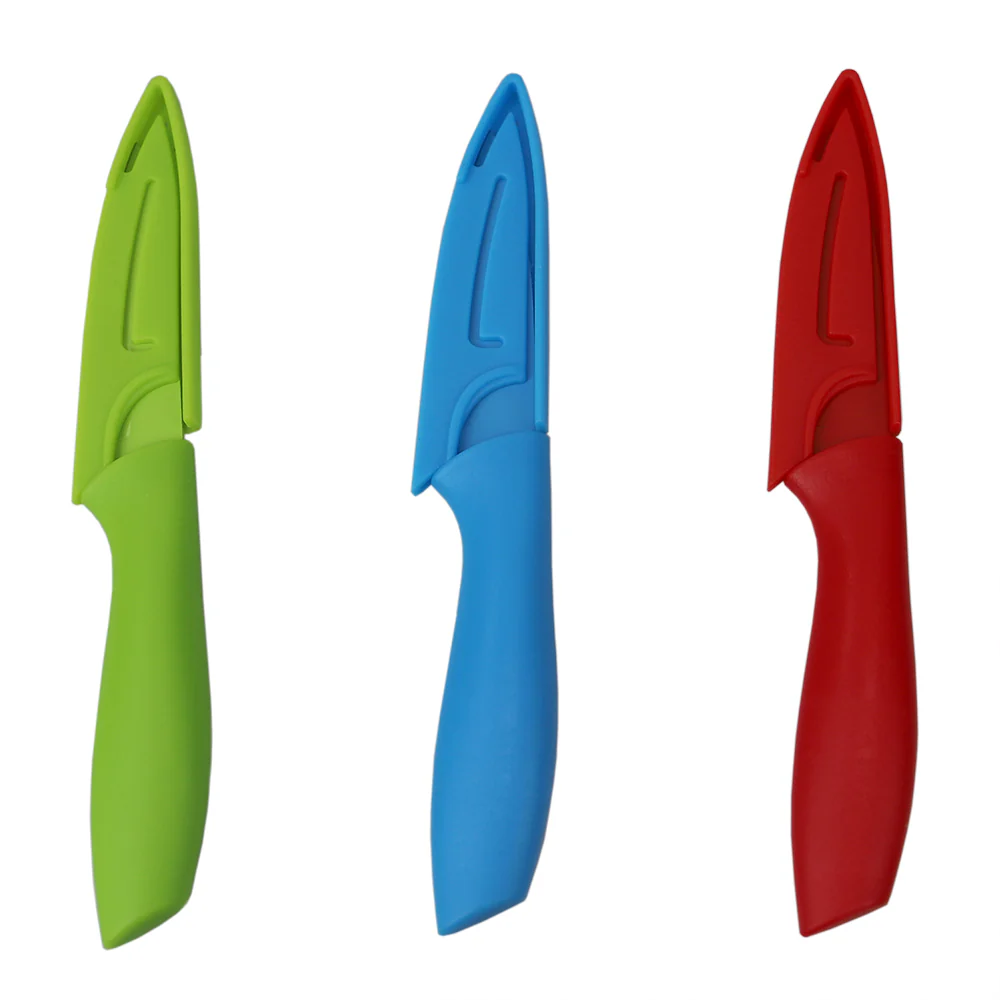 Home Basics 3.5 Stainless Steel Paring Knife with Soft Grip Plastic Handles and Matching Color Coded  Safe and Hygienic Protective Knife Storage Covers,(Set of 3),  Multi-Color