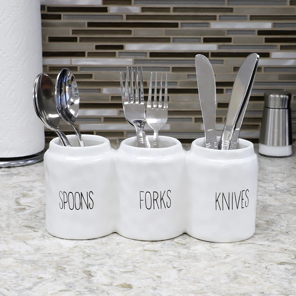 Home Basics 3 Compartment Glazed Ceramic Utensil Crock, White - Image 4