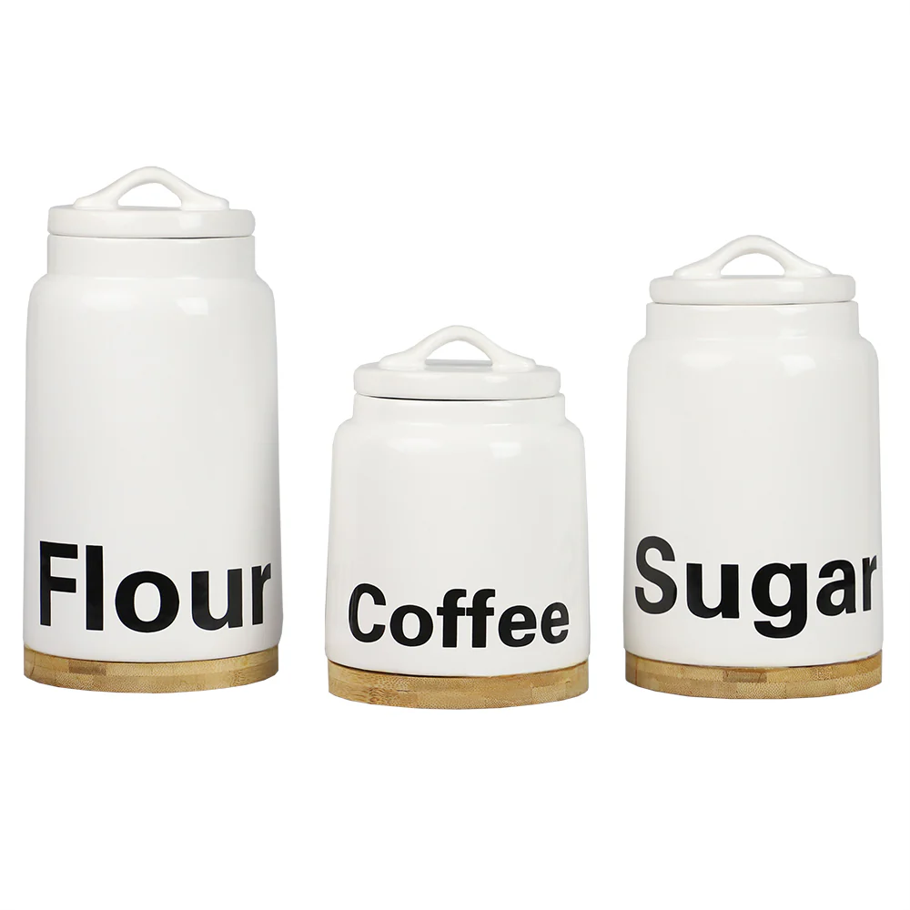 Home Basics 3 Piece Ceramic Canister Set with Bamboo Accents, White