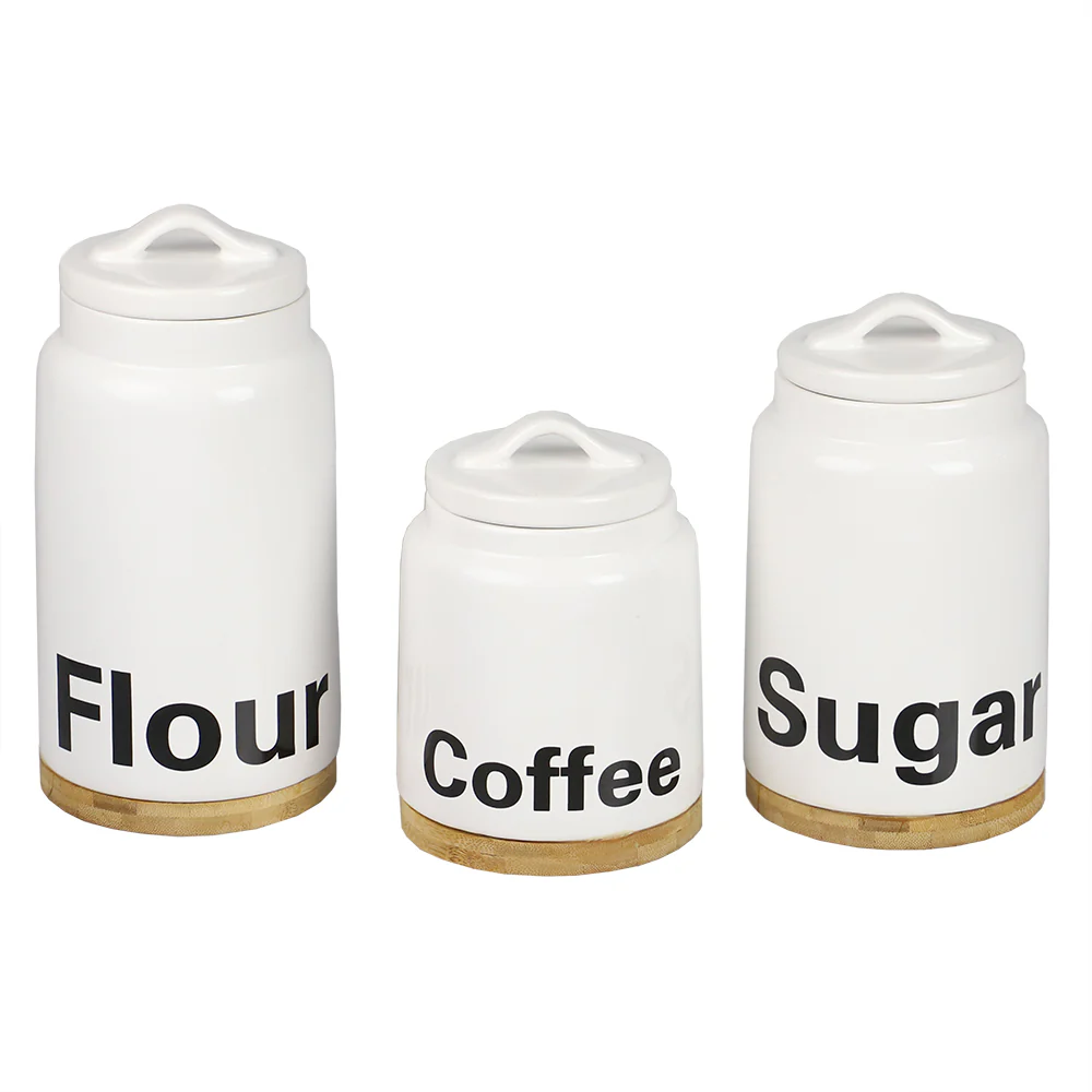 Home Basics 3 Piece Ceramic Canister Set with Bamboo Accents, White - Image 2
