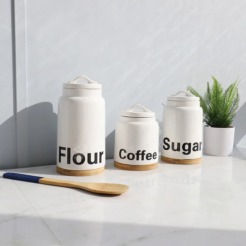 Home Basics 3 Piece Ceramic Canister Set with Bamboo Accents, White - Image 4