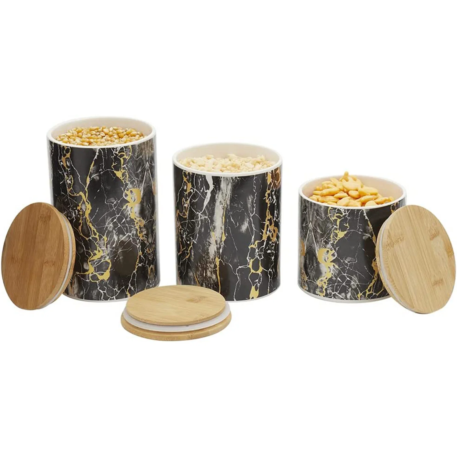 Home Basics 3 Piece Ceramic Canister Set with Bamboo Lids, Marble Black - Image 2