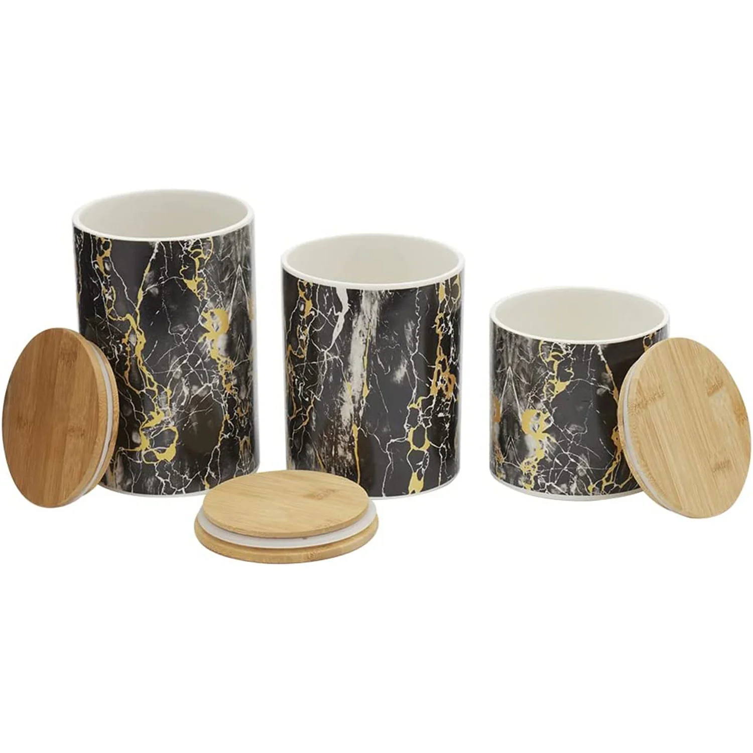 Home Basics 3 Piece Ceramic Canister Set with Bamboo Lids, Marble Black - Image 3