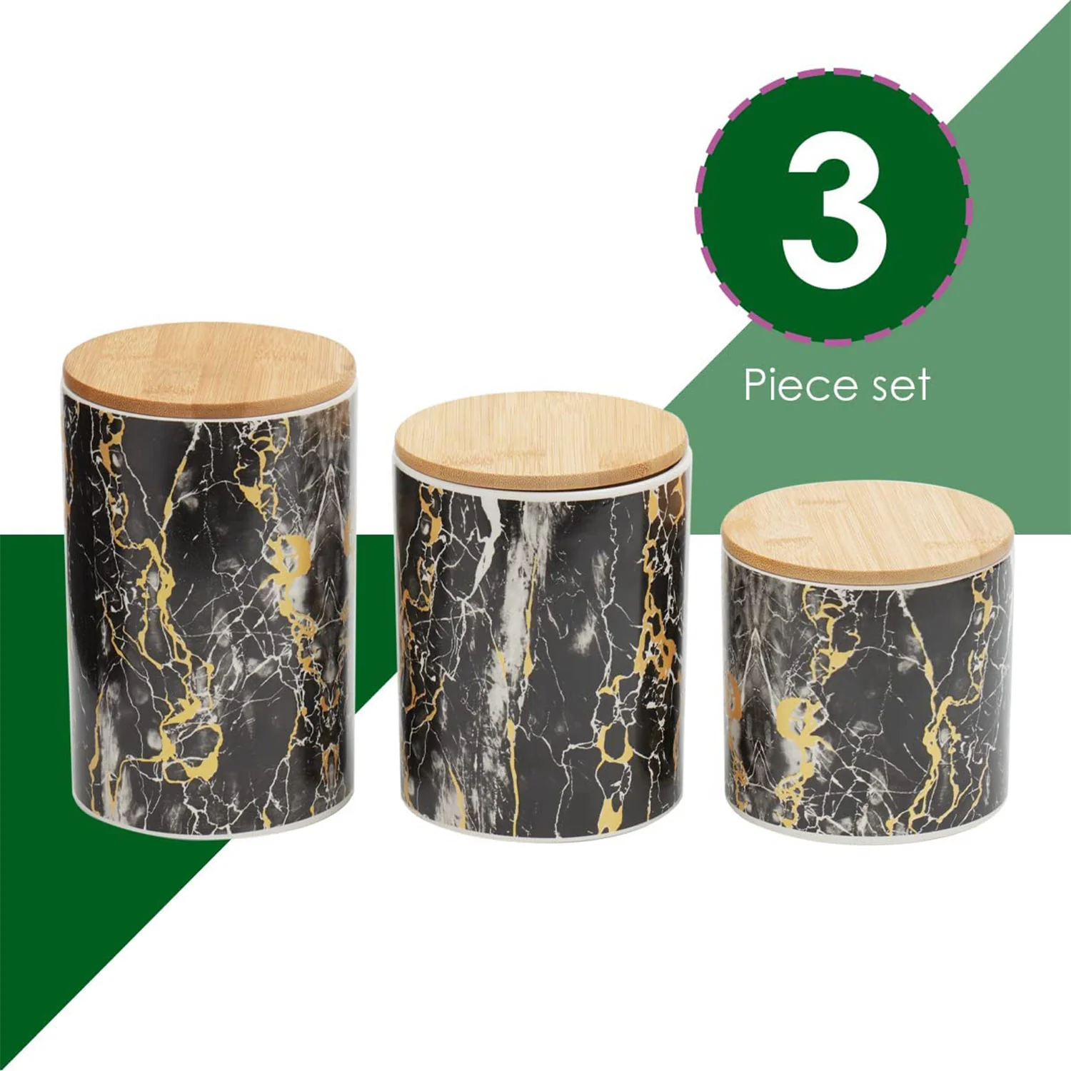 Home Basics 3 Piece Ceramic Canister Set with Bamboo Lids, Marble Black - Image 4