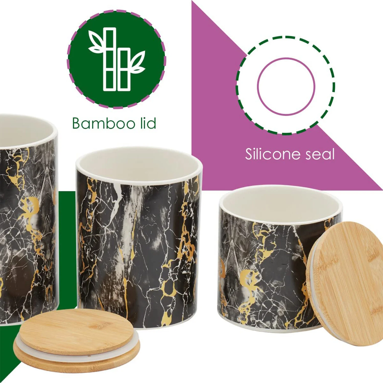 Home Basics 3 Piece Ceramic Canister Set with Bamboo Lids, Marble Black - Image 5