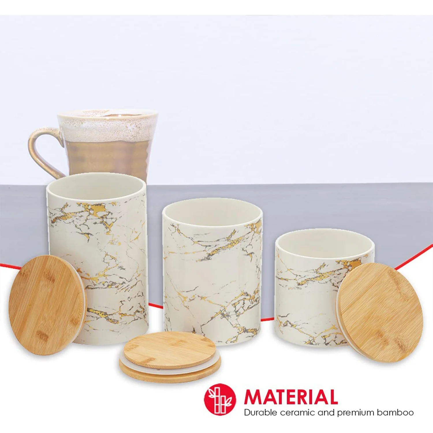 Home Basics 3 Piece Ceramic Canister Set with Bamboo Lids, Marble White - Image 3