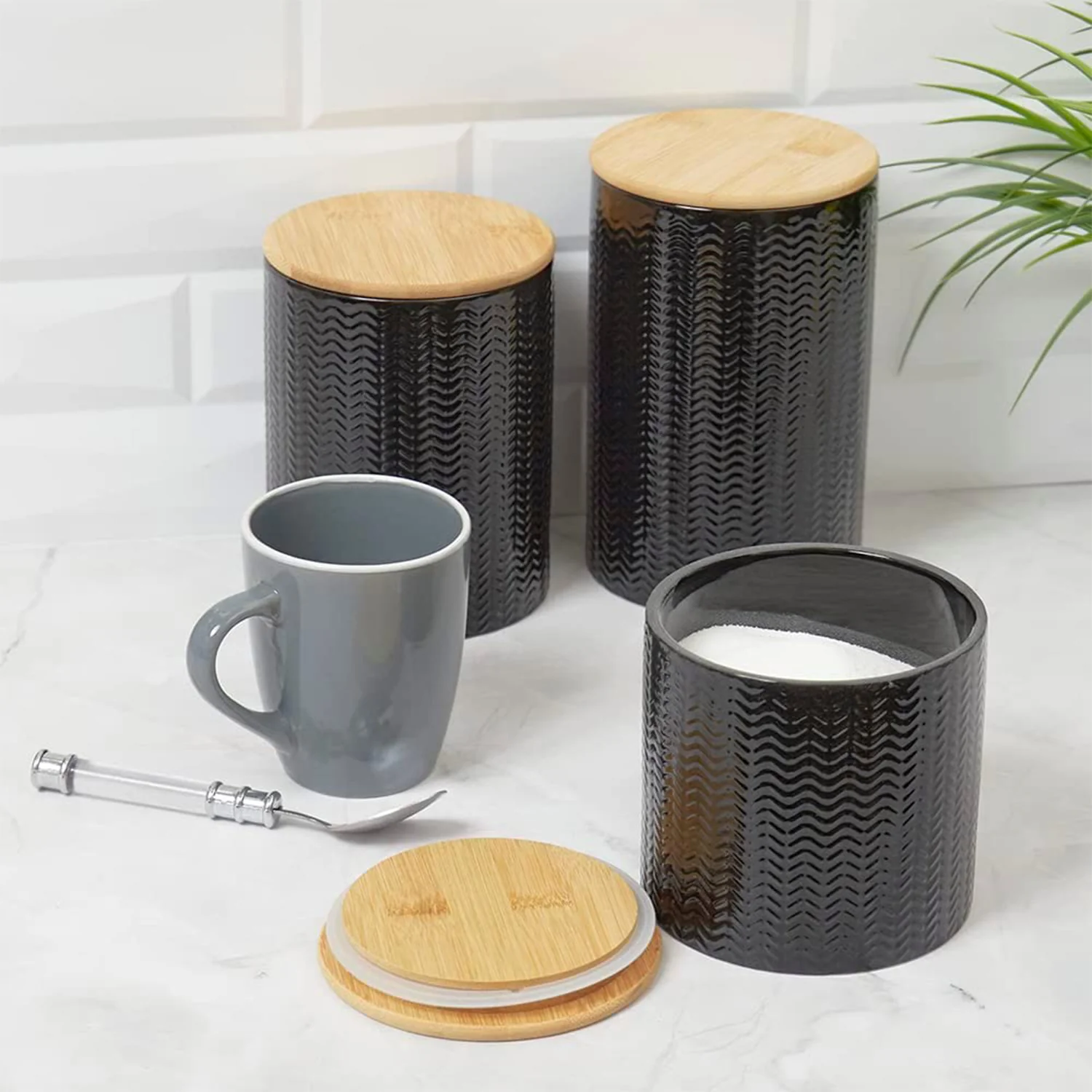 Home Basics 3 Piece Ceramic Canister Set with Bamboo Lids, Wave Black - Image 2