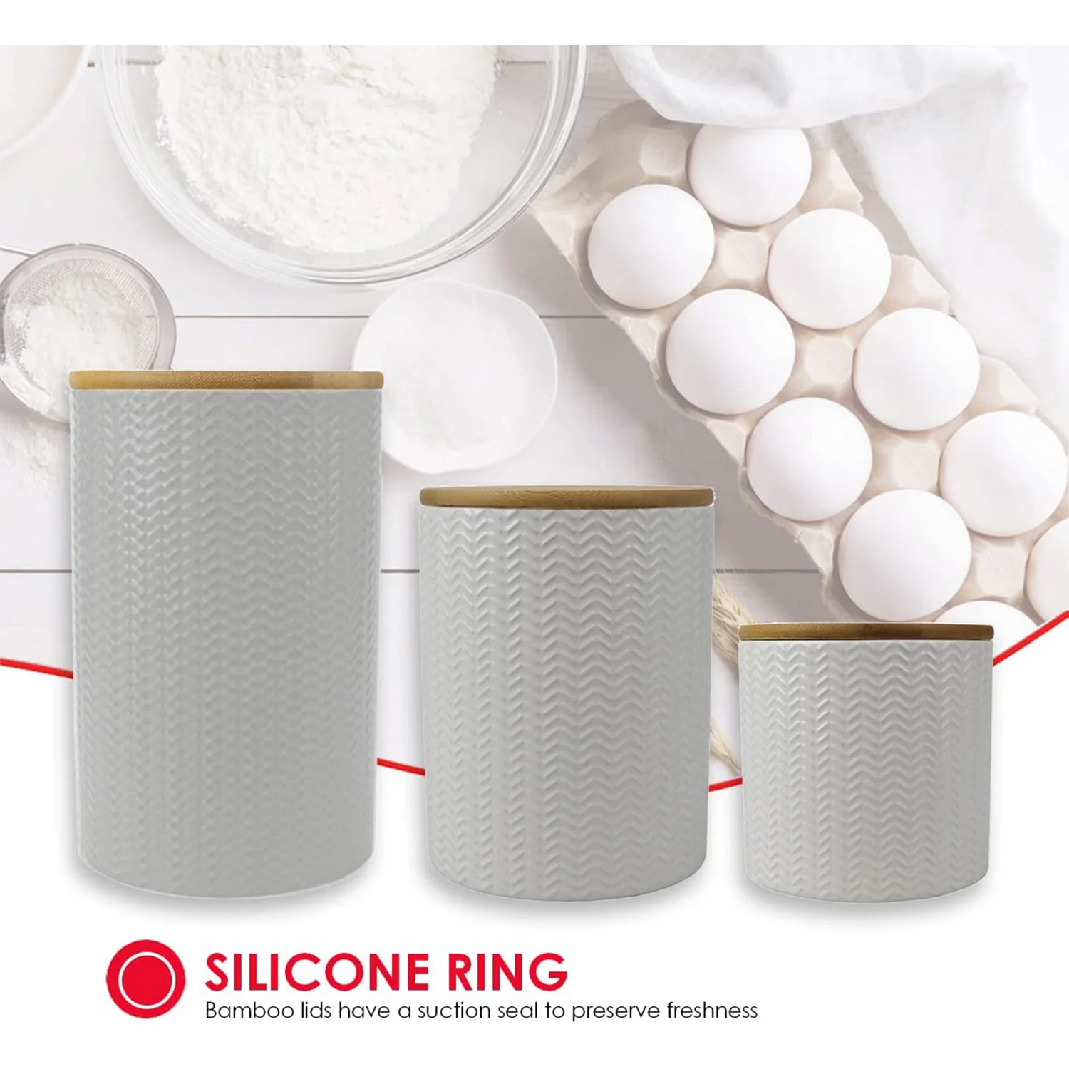 Home Basics 3 Piece Ceramic Canister Set with Bamboo Lids, Wave White - Image 3