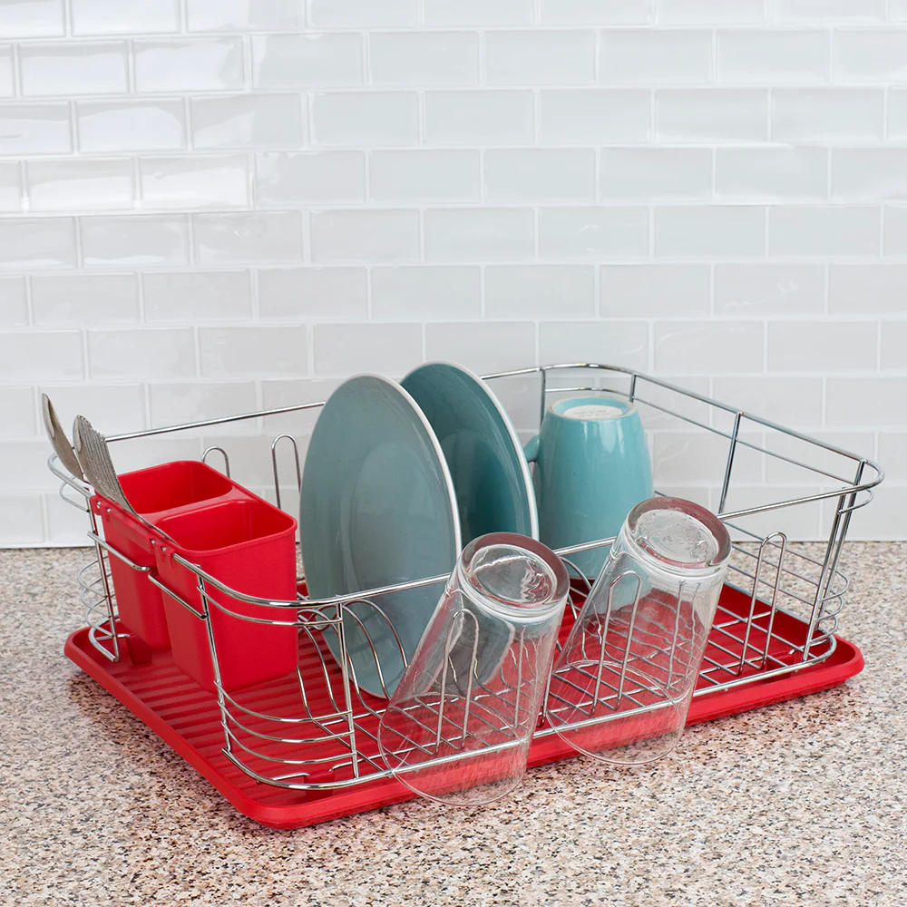 Home Basics 3 Piece Chrome Plated Steel and Plastic Dish Rack, Red - Image 4