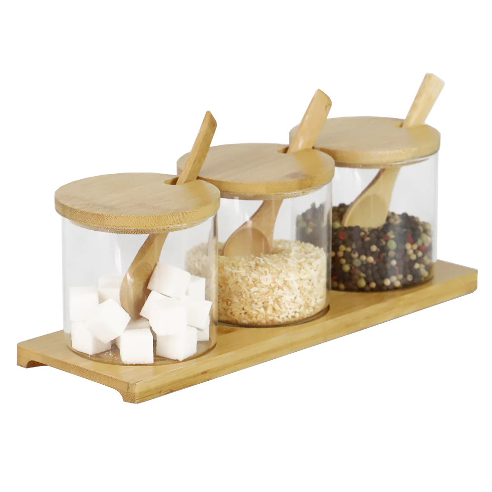 Home Basics 3 Piece Glass Cruet Set with Bamboo Base and Spoons - Image 2