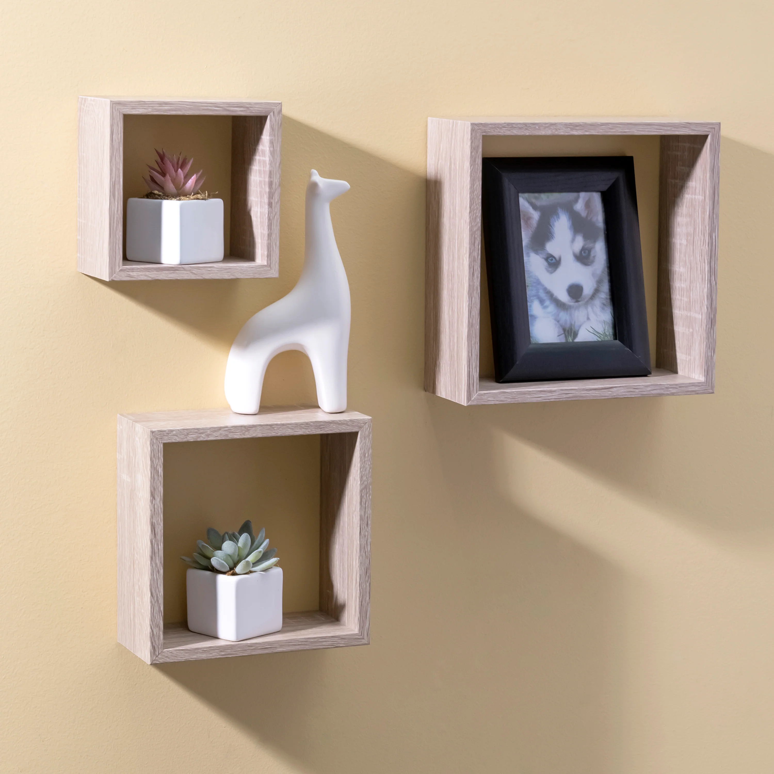 Home Basics 3 Piece MDF Floating Wall Cubes, Oak - Image 6