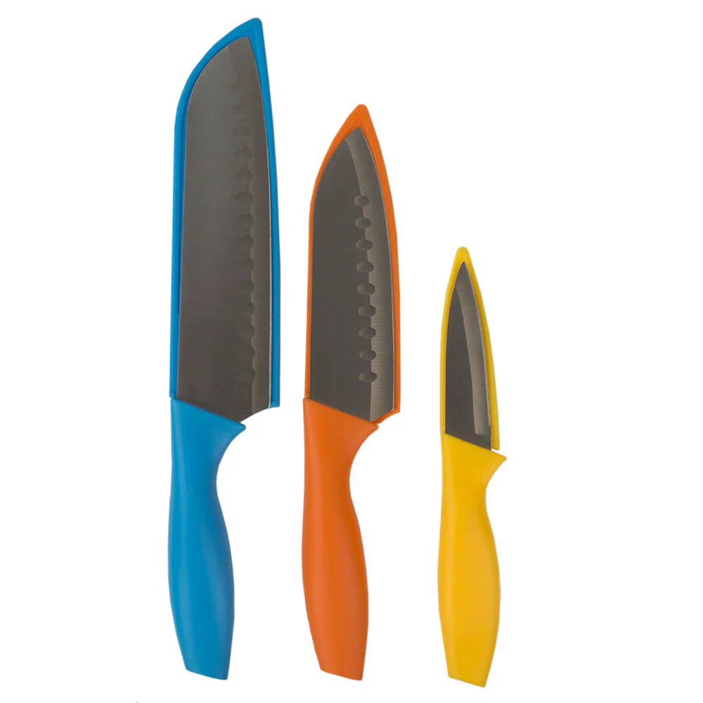 Home Basics 3 Piece Stainless Steel  Knife Set with Colorful Slip Covers - Image 3