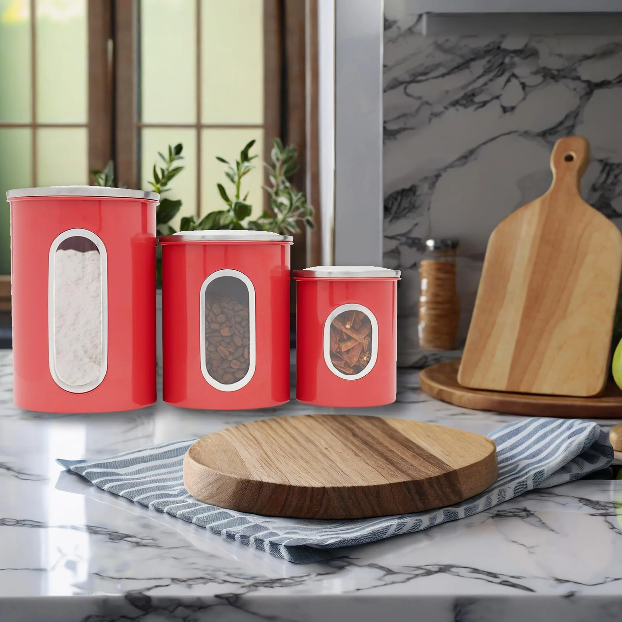 Home Basics 3 Piece Stainless Steel Top Canisters with Windows, Red - Image 2