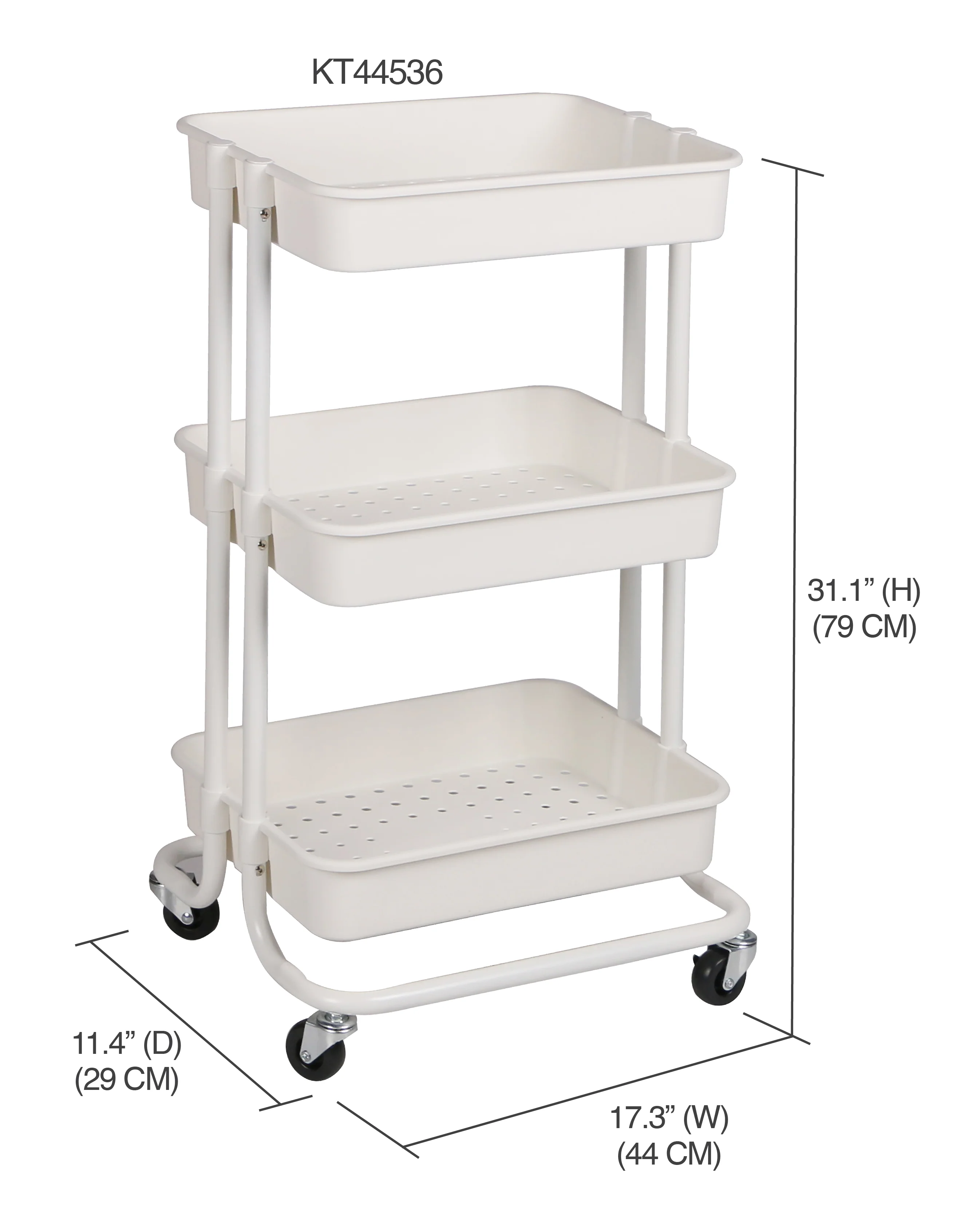 Home Basics 3 Tier Steel Rolling Utility Cart with 2 Locking Wheels, White - Image 3