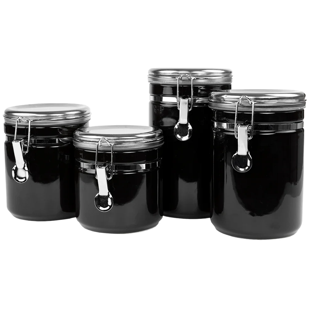 Home Basics 4 Piece Canister Set with Stainless Steel Tops, Black - Image 2