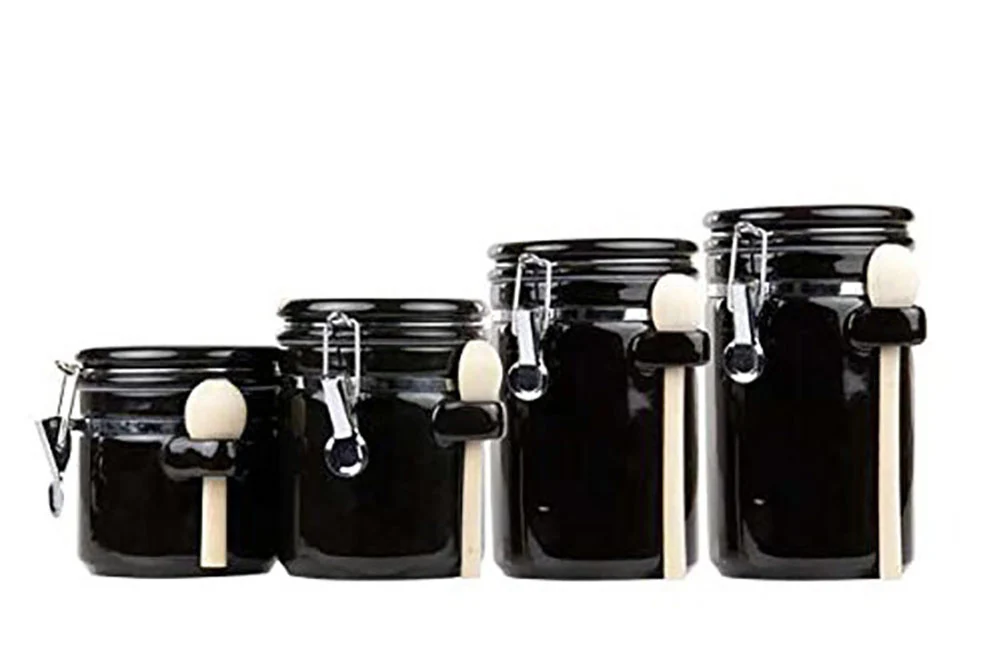 Home Basics 4-Piece Ceramic Canister Set with Wooden Spoon, Black - Image 2