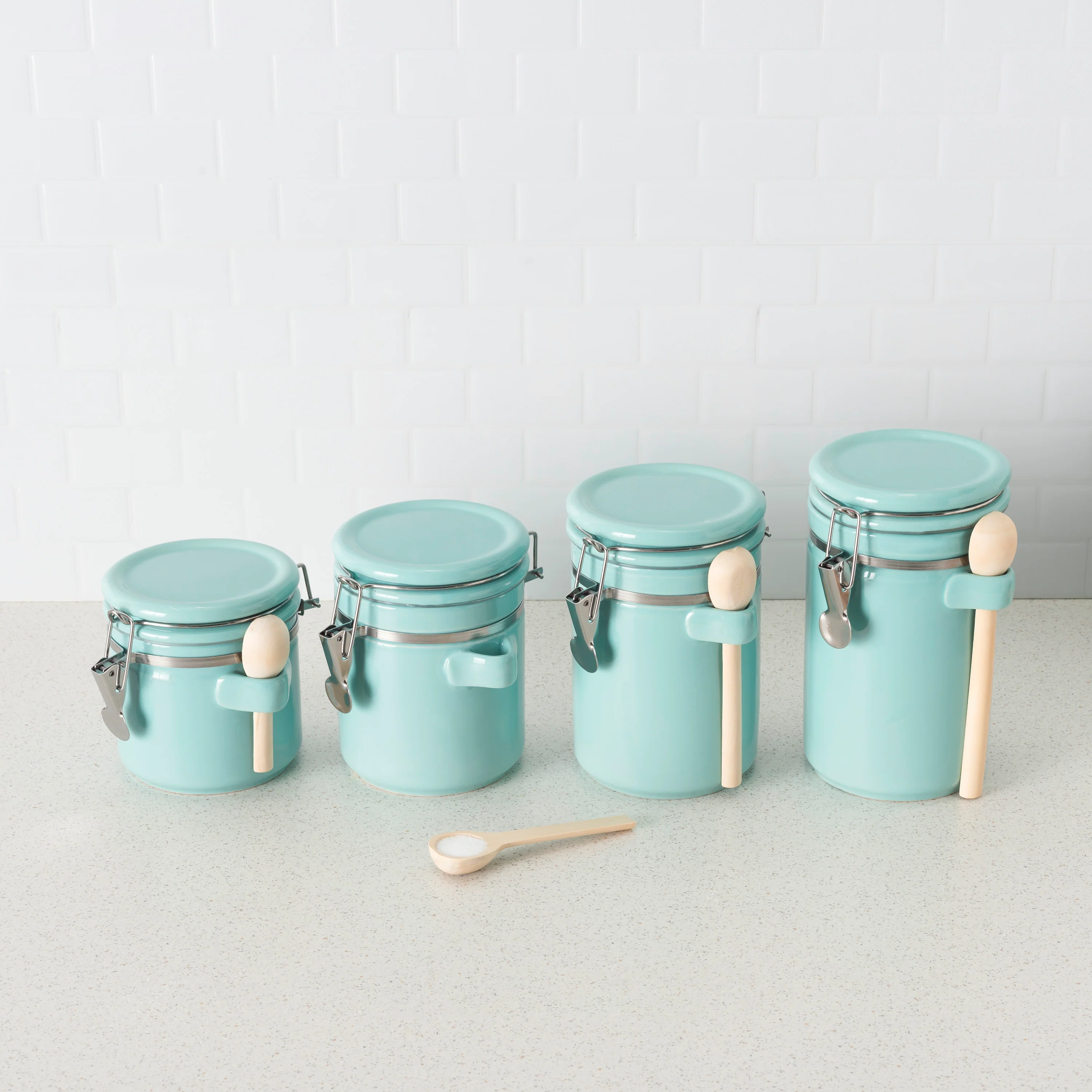 Home Basics 4 Piece Ceramic Canister Set with Wooden Spoons, Turquoise - Image 5