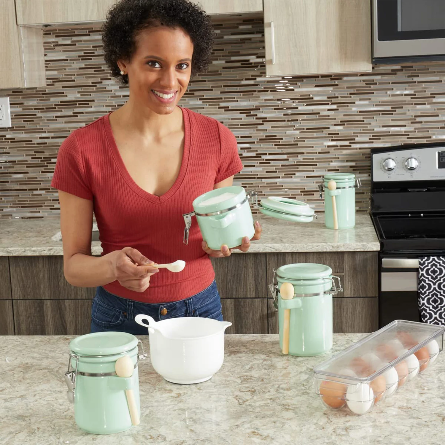 Home Basics 4 Piece Ceramic Kitchen Canister Set With Spoon, Mint - Image 5