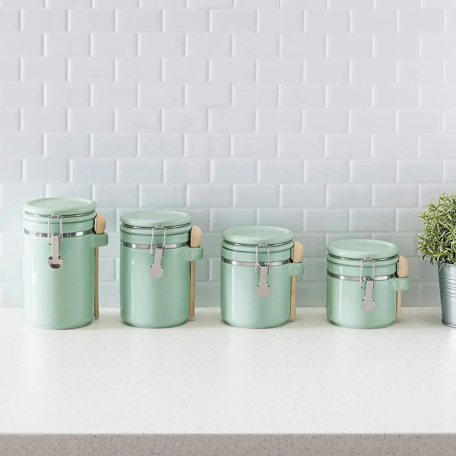Home Basics 4 Piece Ceramic Kitchen Canister Set With Spoon, Mint - Image 6