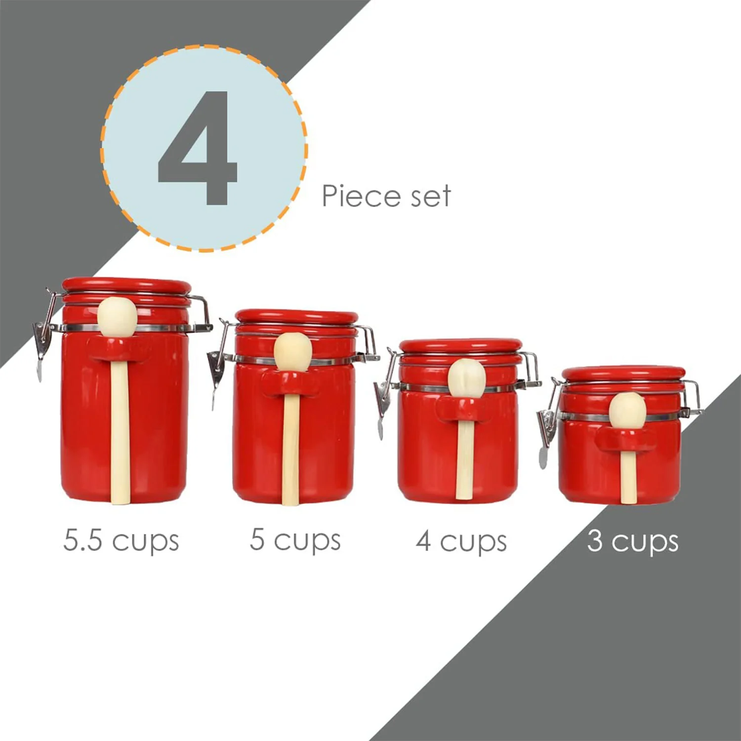Home Basics 4 Piece Ceramic Kitchen Canister Set With Spoon, Red - Image 4
