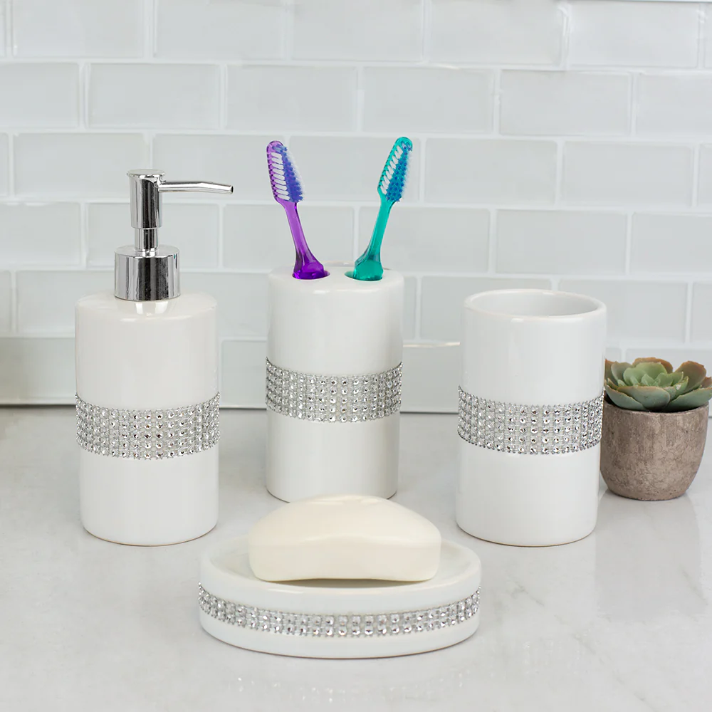 Home Basics 4 Piece Ceramic Luxury Bath Accessory Set with Stunning Sequin Accents, White - Image 5