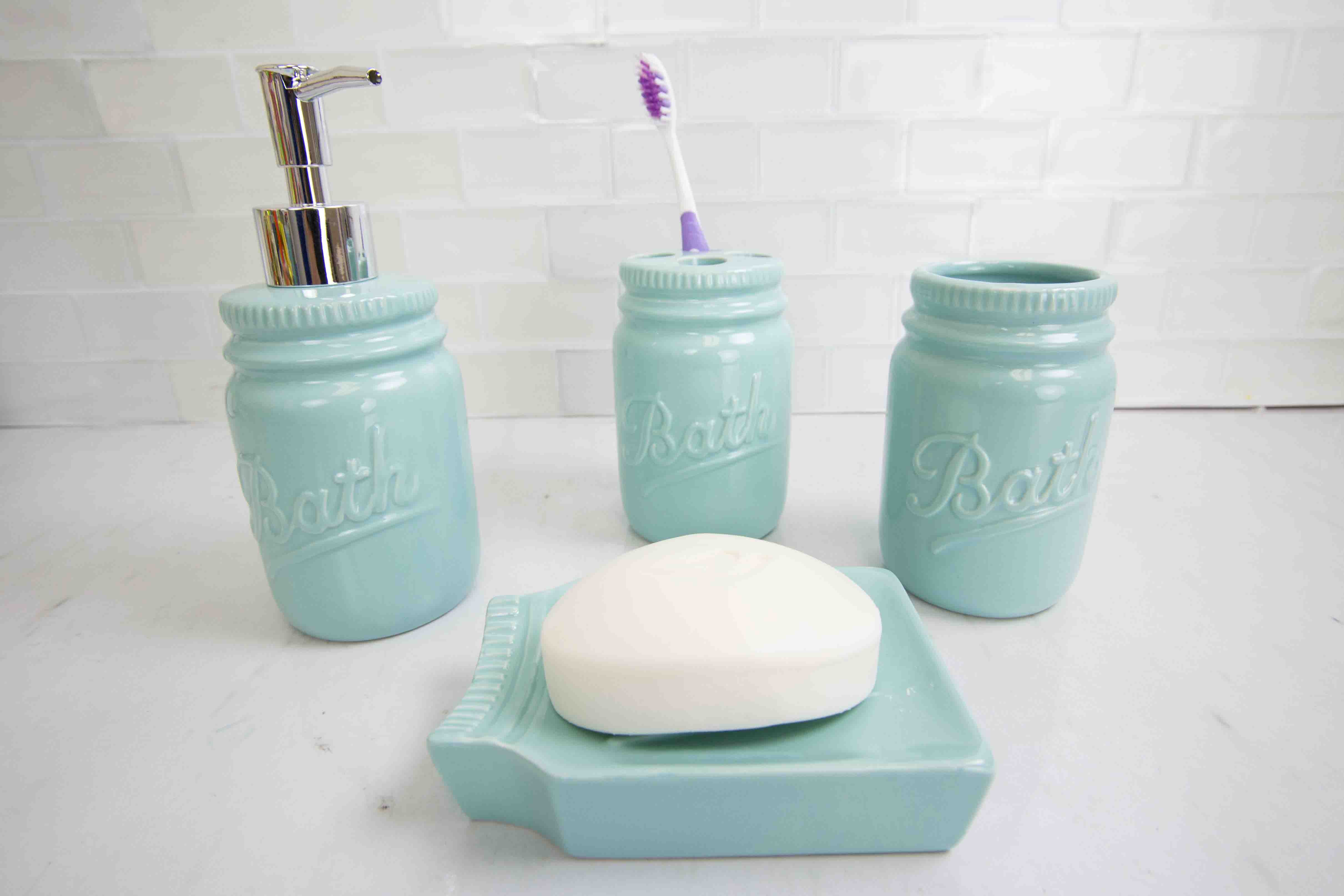 Home Basics 4 Piece Dolomite Mason Jar Bath Accessory Set, Mint - Image 2
