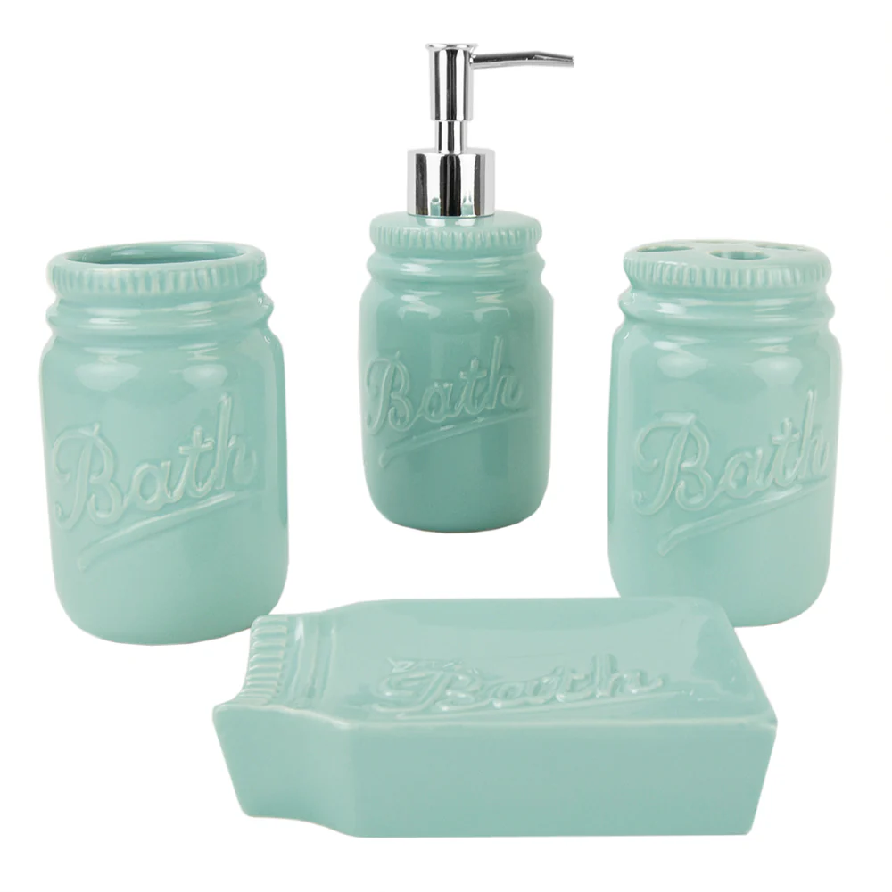 Home Basics 4 Piece Dolomite Mason Jar Bath Accessory Set, Mint - Image 4