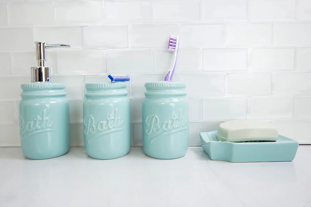 Home Basics 4 Piece Dolomite Mason Jar Bath Accessory Set, Mint - Image 5
