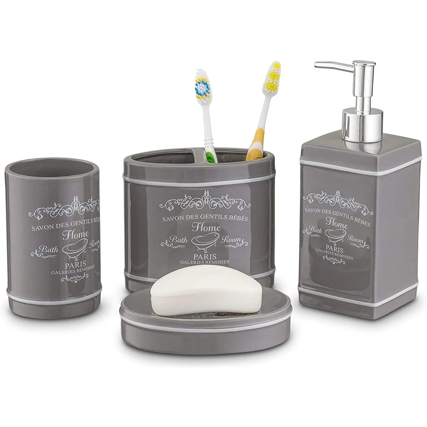 Home Basics 4 Piece Ceramic Paris Bath Accessory Set, Gray