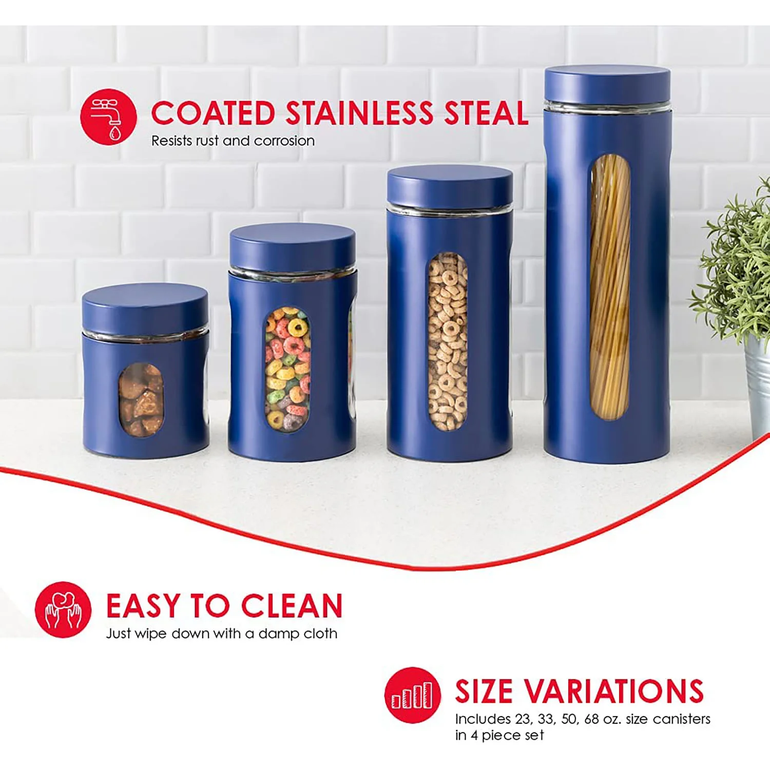Home Basics 4 Piece Essence Collection Stainless Steel Canister Set, Navy - Image 2