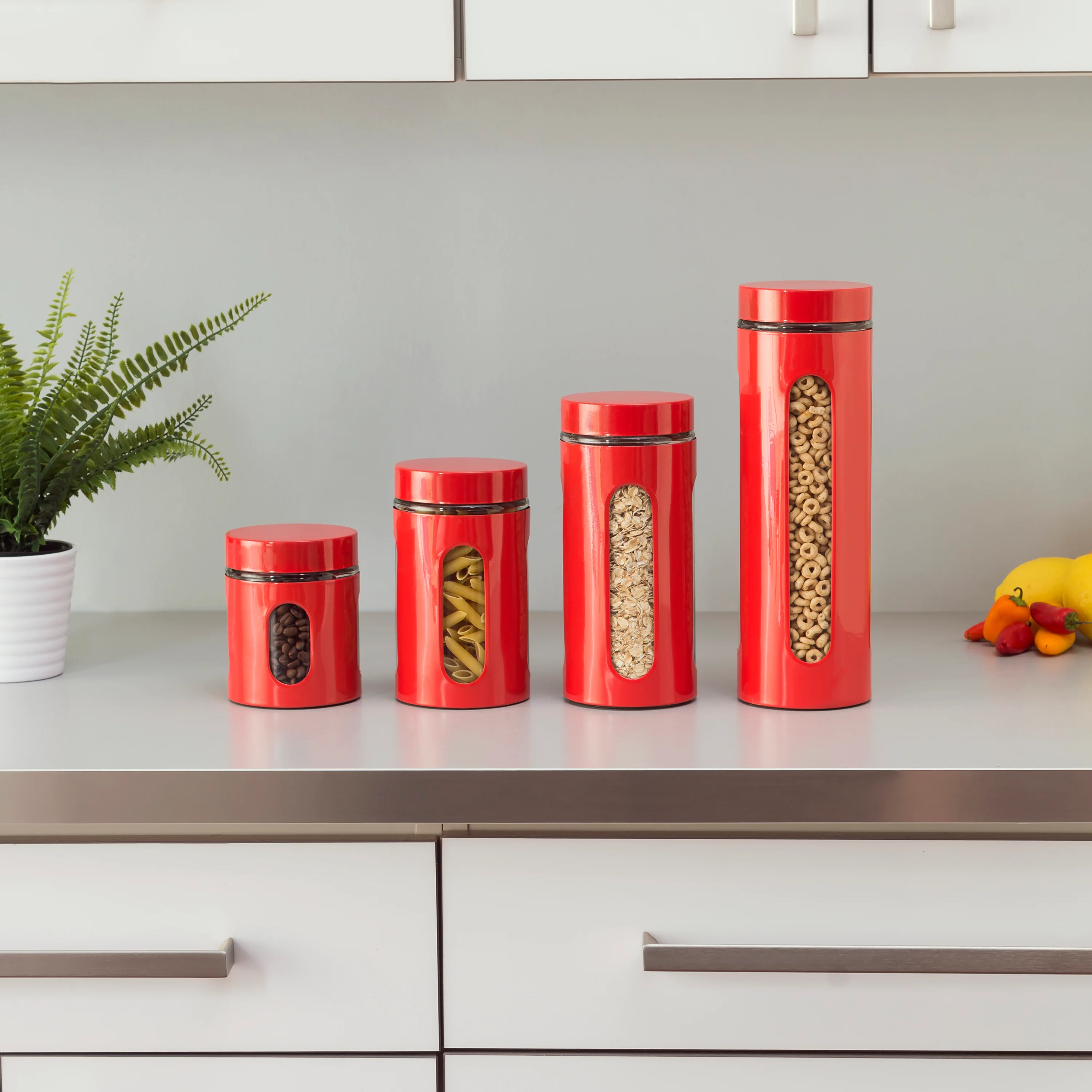 Home Basics 4 Piece Essence Collection Stainless Steel Canister Set, Red - Image 2
