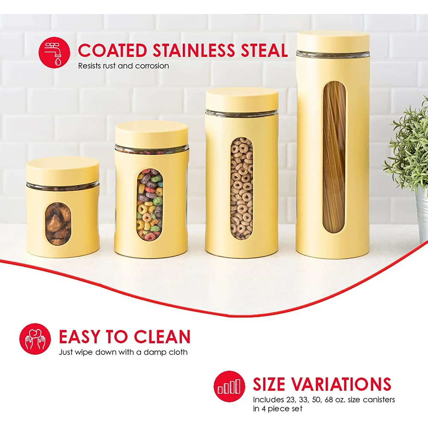 Home Basics 4 Piece Essence Collection Stainless Steel Canister Set, Yellow - Image 2