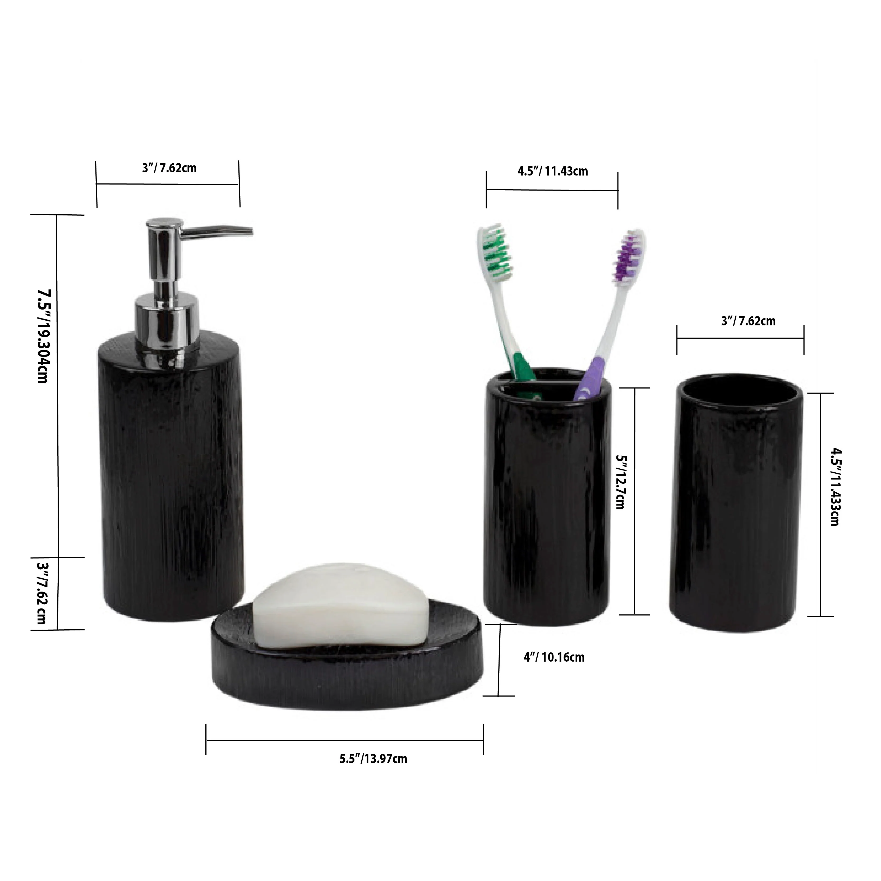 Home Basics 4 Piece High Gloss Textured Ceramic Modern Bath Accessory Set, Black - Image 6