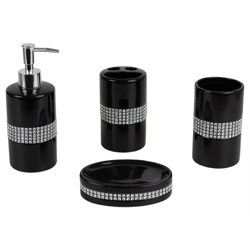 Home Basics 4 Piece  Luxury Bath Accessory Set with Stunning Sequin Accents, Black - Image 2