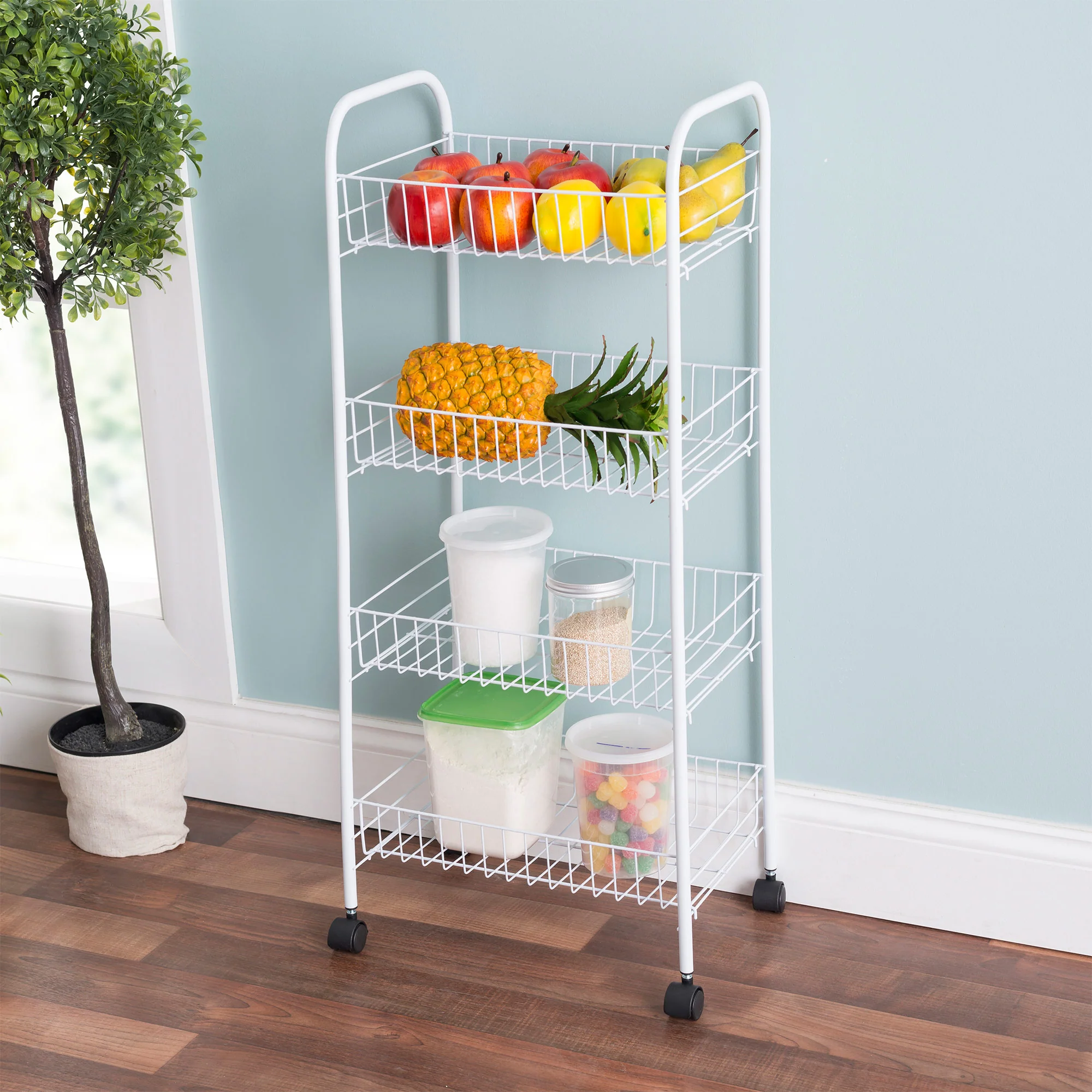 Home Basics 4 Tier Steel Kitchen Trolley, White, 34x14x9 Inches