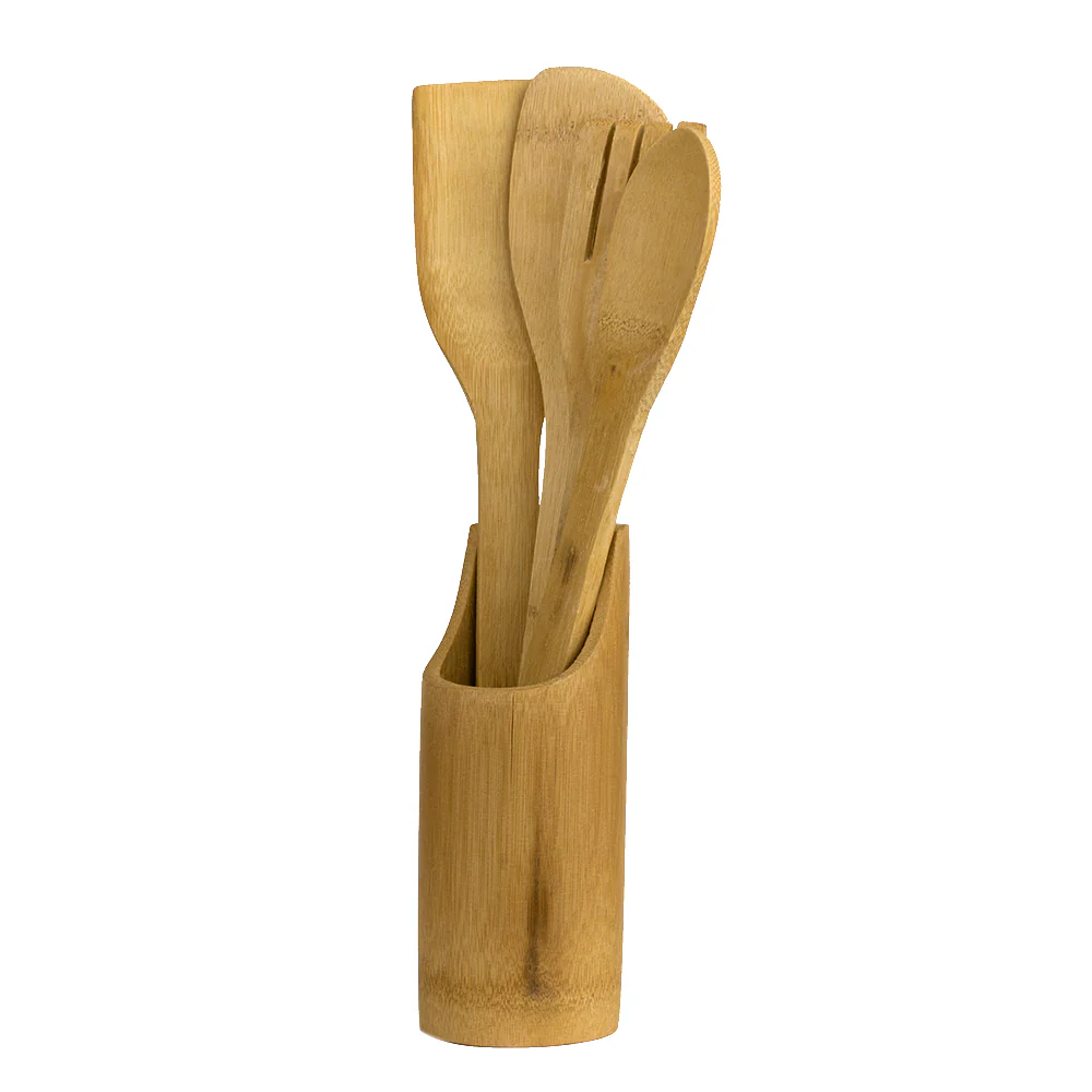 Home Basics 5 Piece Bamboo Utensil Set with Sculptural Holder, Natural - Image 2