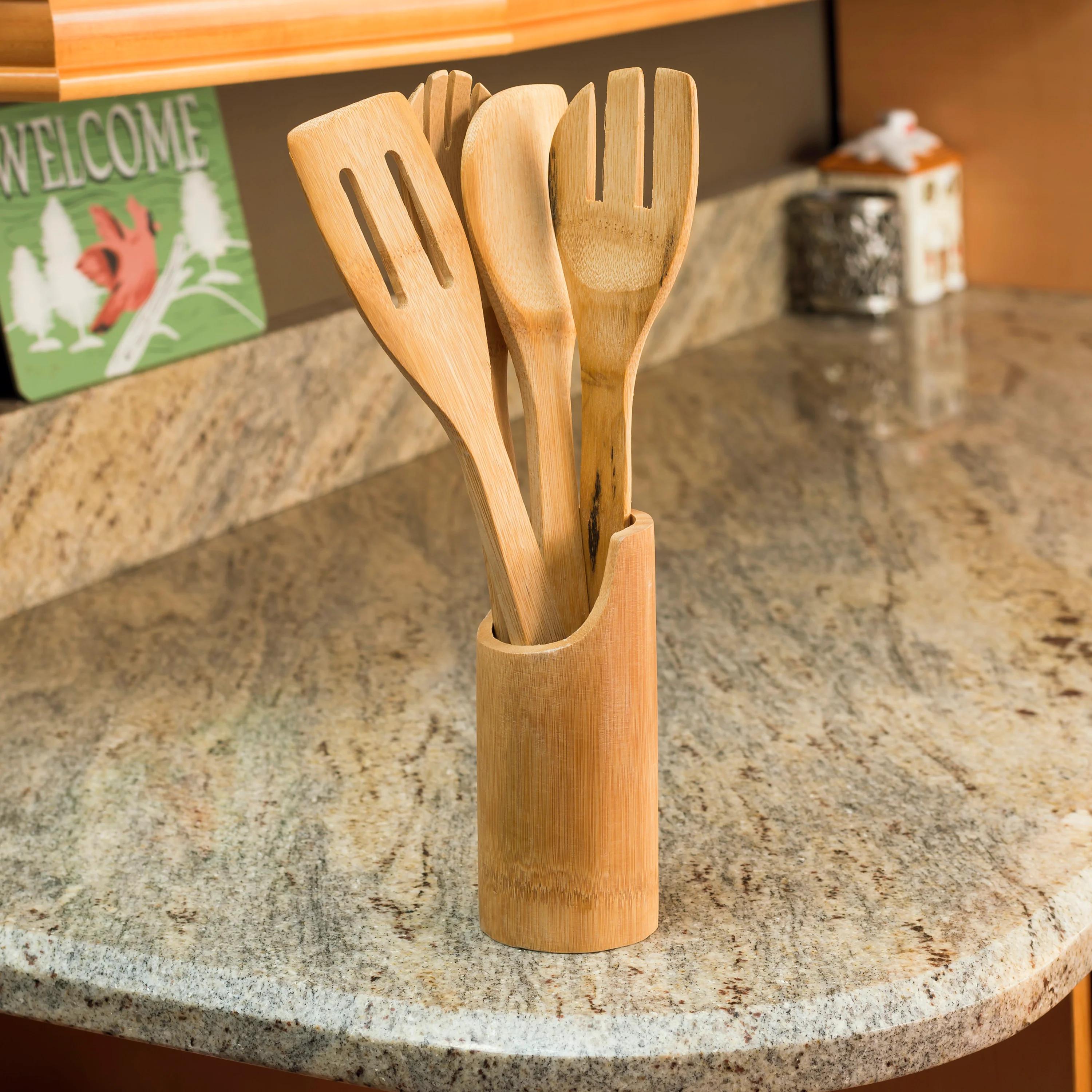 Home Basics 5 Piece Bamboo Utensil Set with Sculptural Holder, Natural - Image 5