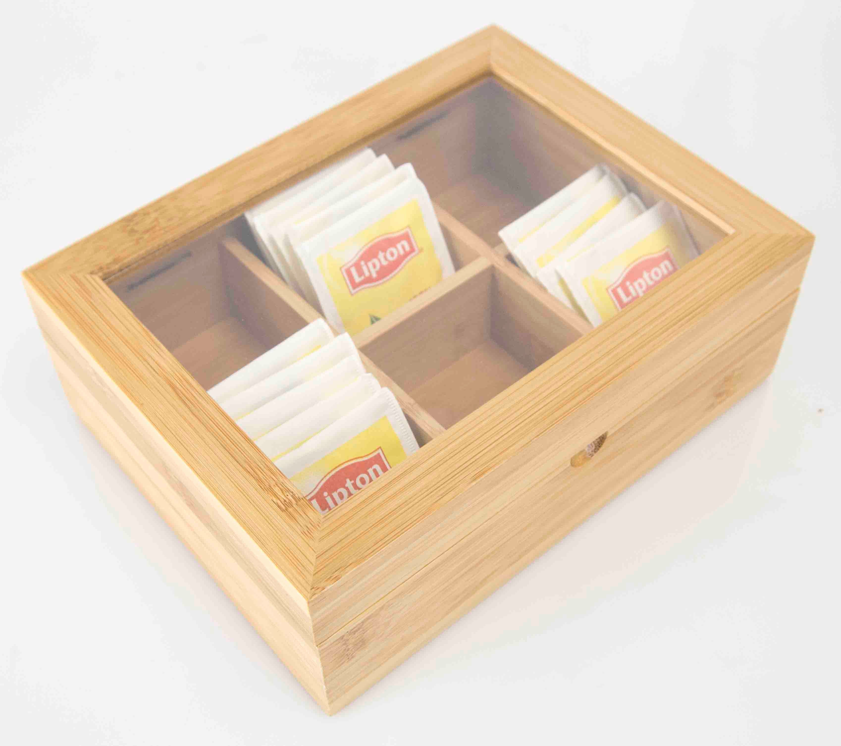 Home Basics 6 Compartment Bamboo Tea Bag and Coffee Accessories Storage Display Chest Organizer with Transparent Glass Lid, Natural