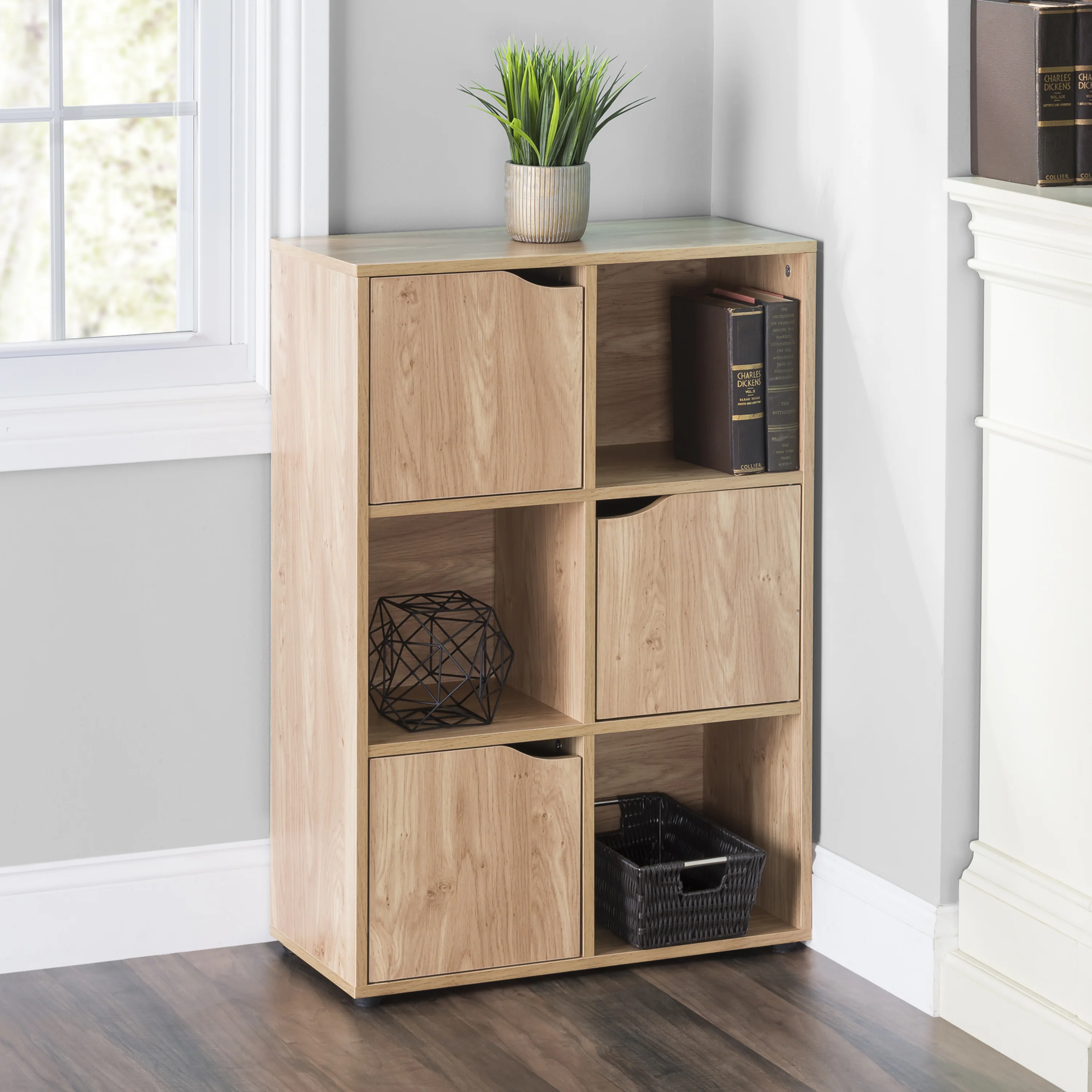 Home Basics 6 Cube Wood Storage Shelf with Doors, Natural - Image 3