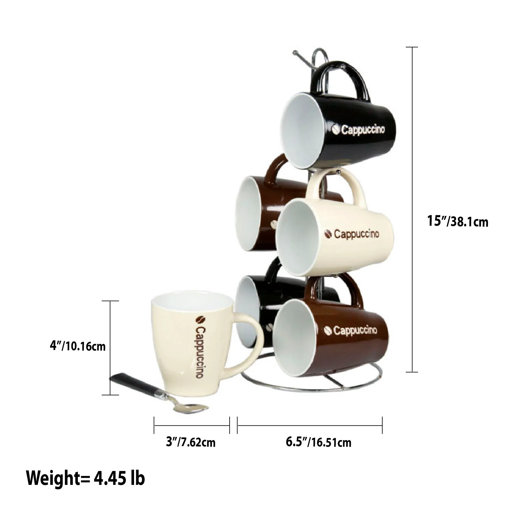Home Basics 6-Piece Ceramic Mug Set With Stand, Cappuccino - Image 3