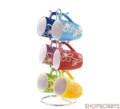 Home Basics 6-Piece Ceramic Mug Set With Stand, Daisy, Multicolor - Image 2
