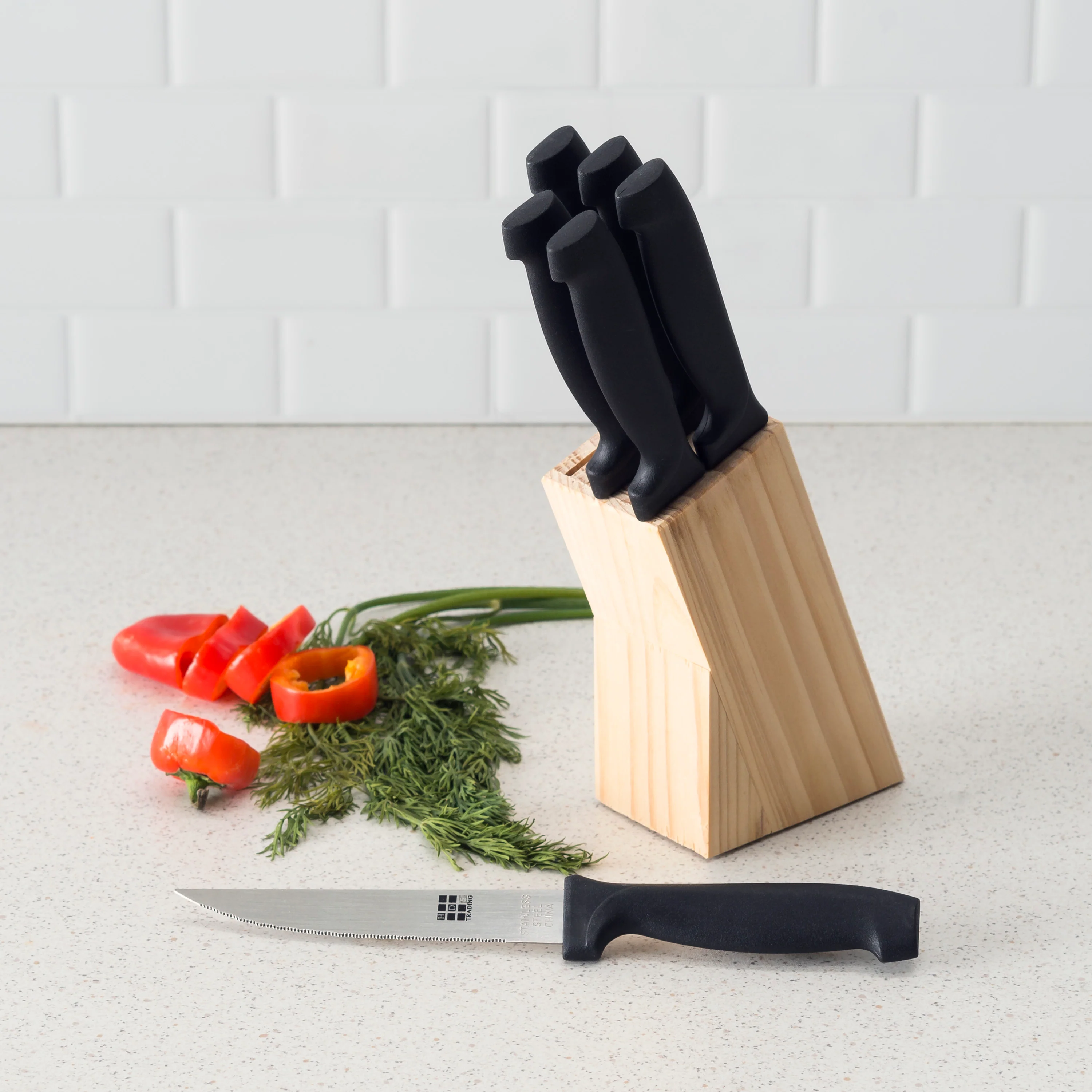 Home Basics 6 Piece Stainless Steel Steak Knife Set with All Natural Wood Display Block - Image 4