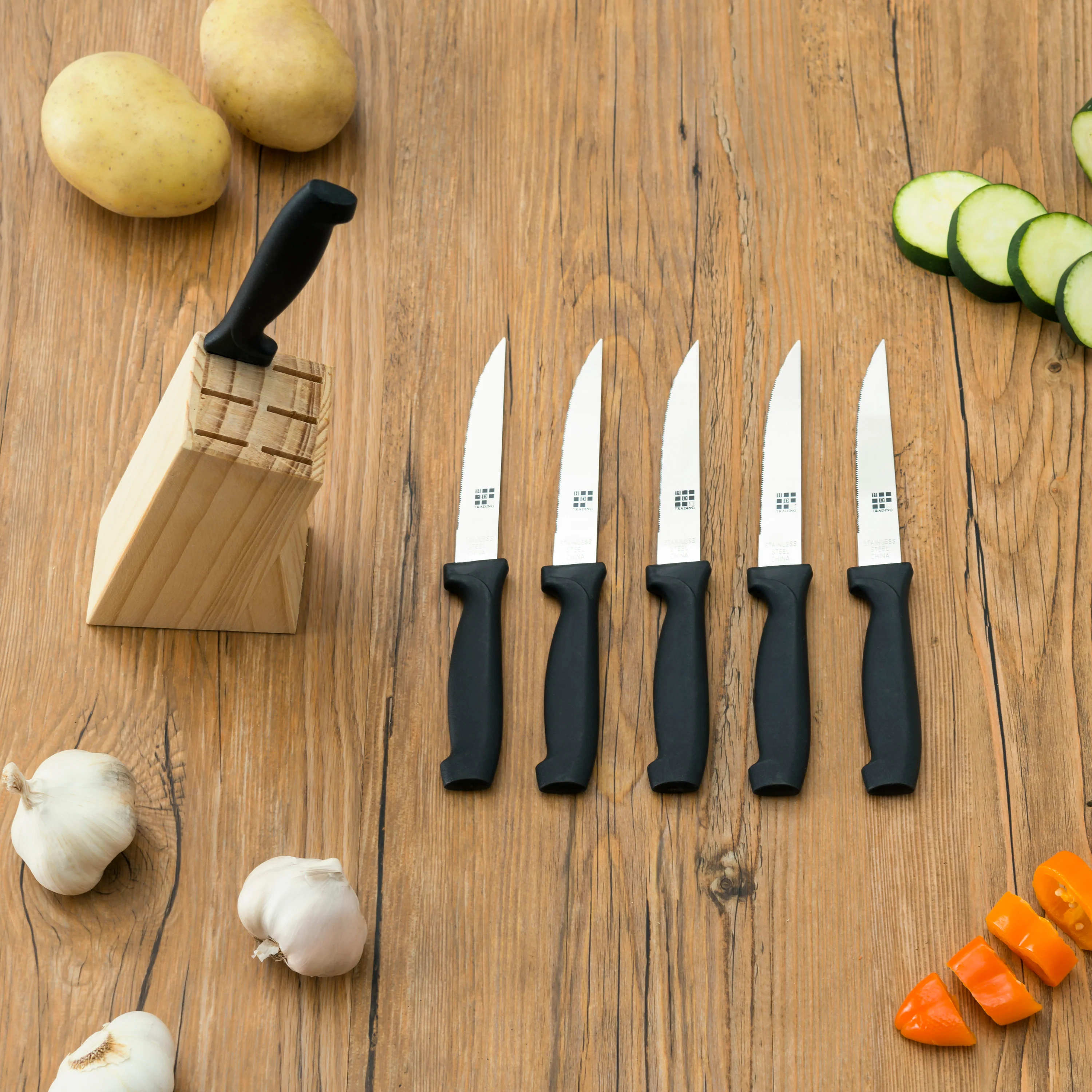 Home Basics 6 Piece Stainless Steel Steak Knife Set with All Natural Wood Display Block - Image 5