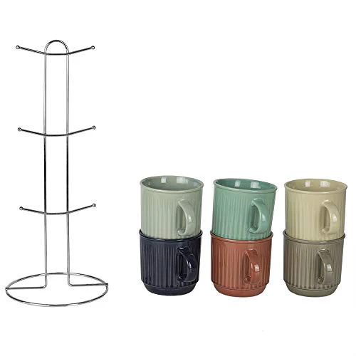 Home Basics 6-Piece Stoneware Mug Set With Chrome Stand, Multi, 11 Ounces - Image 2
