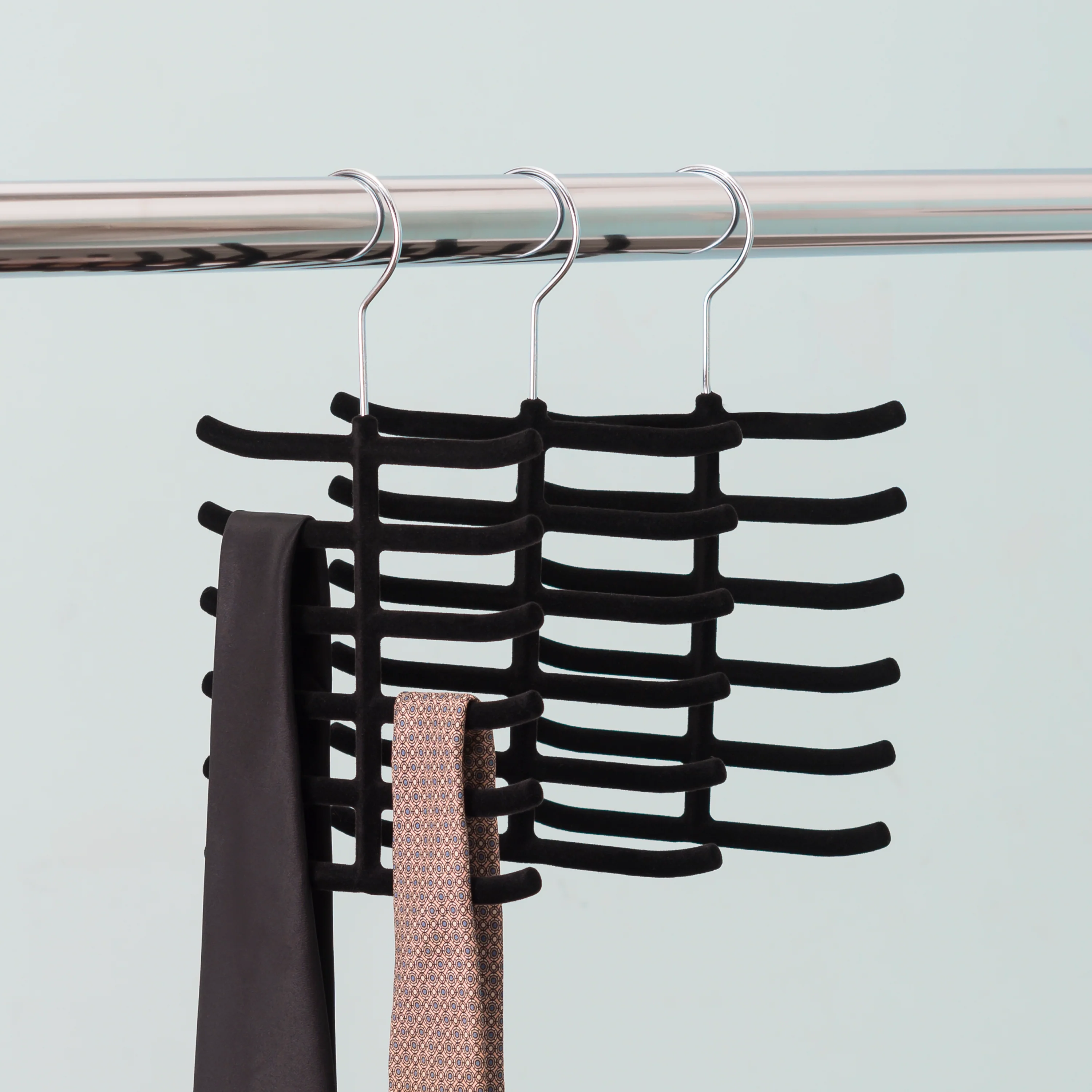 Home Basics 6 Tier Non-Slip Velvet Tie Hanger, Black, 3-Pack - Image 5