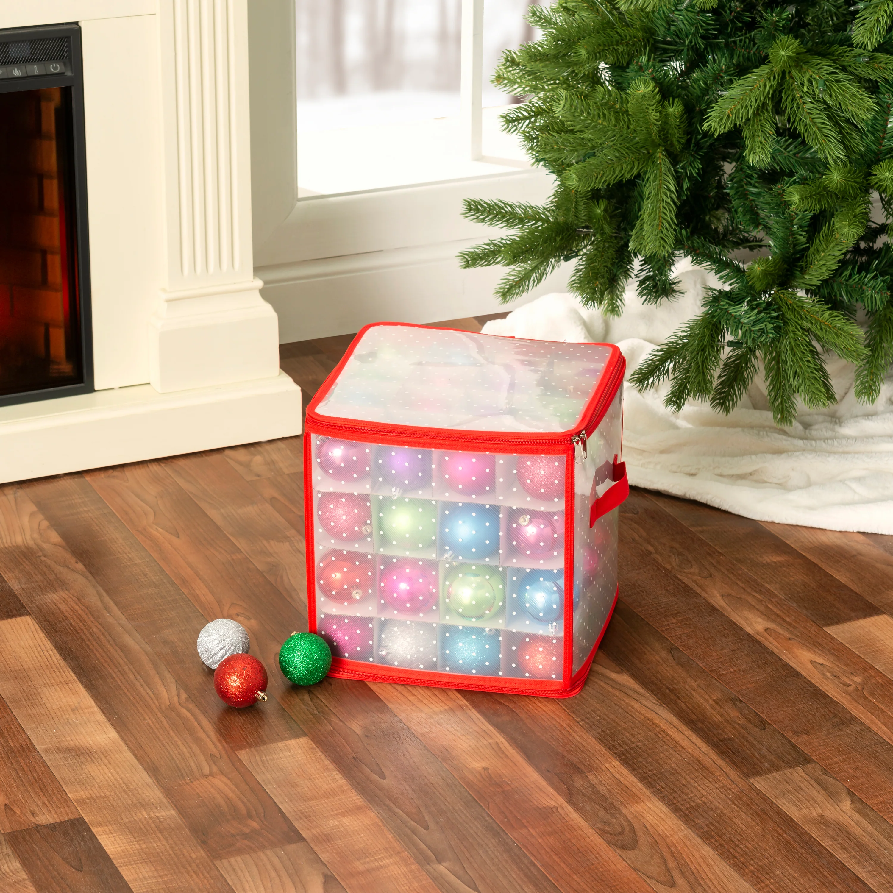 Home Basics 64-Compartment Zippered Ornament Storage Box, Red, 12x12x12 Inches - Image 5